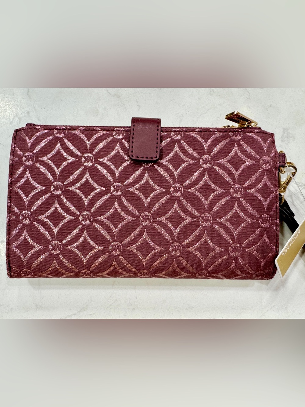 Michael Kors Jet Set Travel Large Double Zip Wristlet Oxblood Metallic Logo - Picture 2 of 5